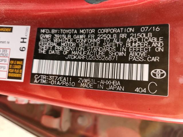 JTDKARFU2G3526871 - 2016 TOYOTA PRIUS 栗色 照片 13