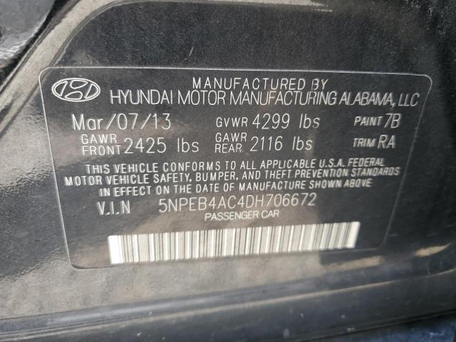 5NPEB4AC4DH706672 - 2013 HYUNDAI SONATA GLS BLACK photo 12