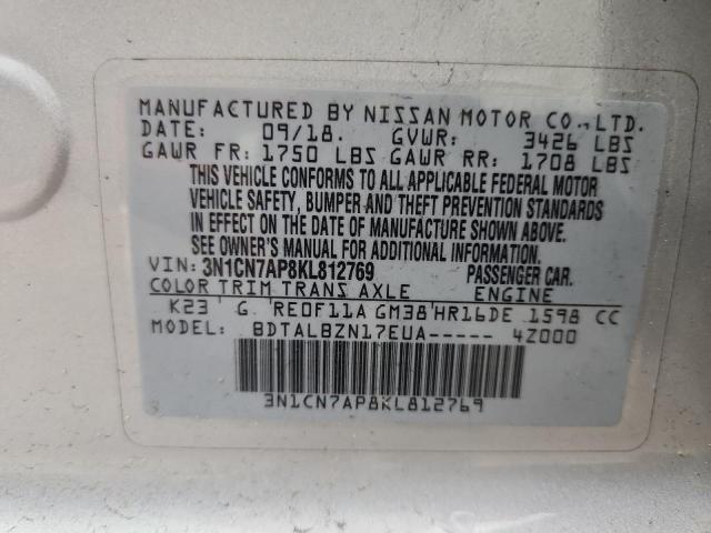 3N1CN7AP8KL812769 - 2019 NISSAN VERSA S 银色 照片 13