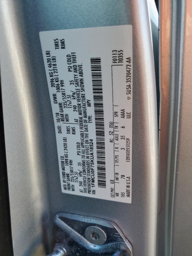 1FMCU0F75KUA18524 - 2019 FORD ESCAPE S 银色 照片 12