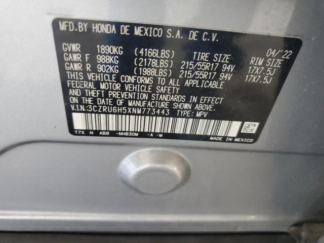 3CZRU6H5XNM773443 - 2022 HONDA HR-V EX SILVER photo 12