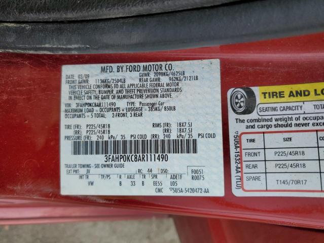 3FAHP0KC8AR111490 - 2010 FORD FUSION SPORT RED photo 12