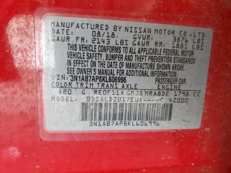 3N1AB7AP8KL606996 - 2019 NISSAN SENTRA S 红色 照片 12