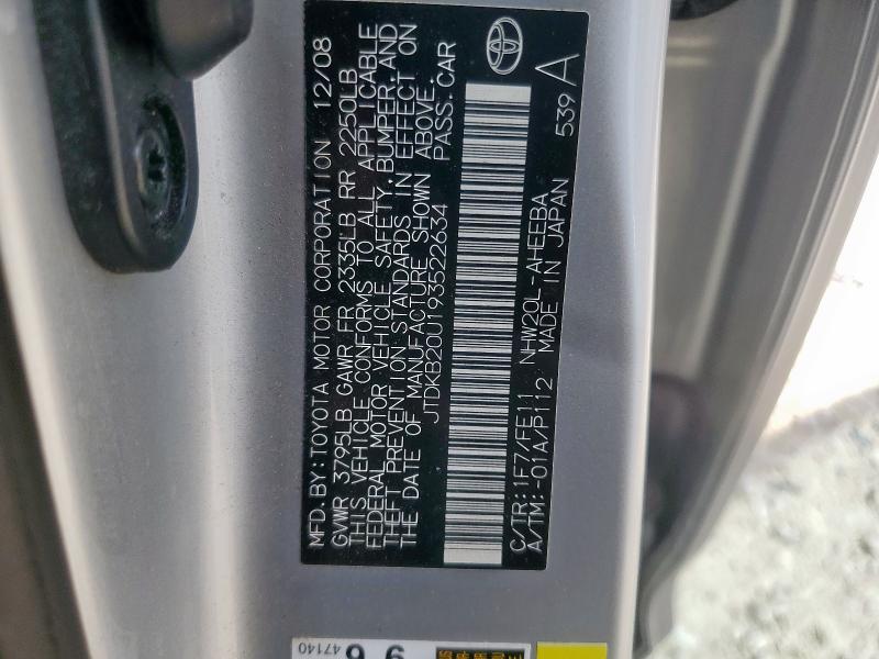 JTDKB20U193522634 - 2009 TOYOTA PRIUS SILVER photo 12