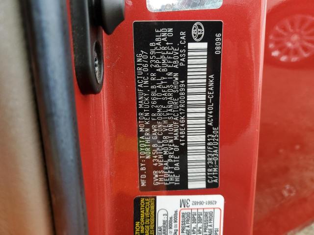 4T4BE46K17R008994 - 2007 TOYOTA CAMRY CE RED photo 12