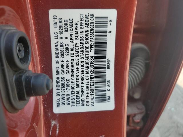 19XFC2F67KE031684 - 2019 HONDA CIVIC LX RED photo 13