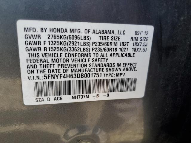 5FNYF4H63DB001751 - 2013 HONDA PILOT EXL GRAY photo 13