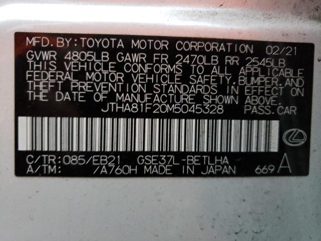 JTHA81F20M5045328 - 2021 LEXUS IS 300 WHITE photo 12