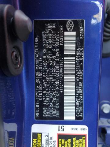 4T1B11HK0JU613615 - 2018 TOYOTA CAMRY L BLUE photo 12