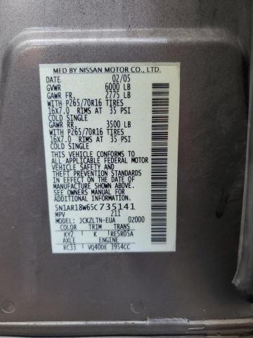 5N1AR18W65C735141 - 2005 NISSAN PATHFINDER LE SILVER photo 12