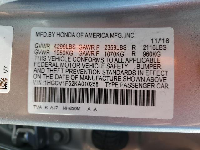 1HGCV1F52KA010258 - 2019 HONDA ACCORD EXL Gümüş fotoğraf 12