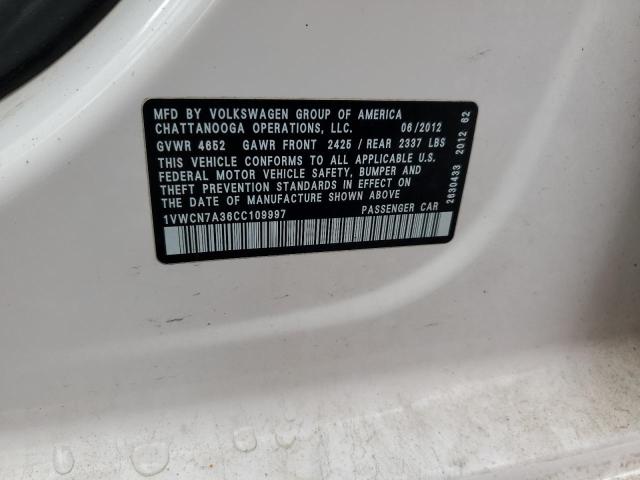 1VWCN7A36CC109997 - 2012 VOLKSWAGEN PASSAT SEL Blanc photo 12