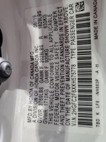 2HGFC2F6XKH575778 - 2019 HONDA CIVIC LX WHITE photo 12