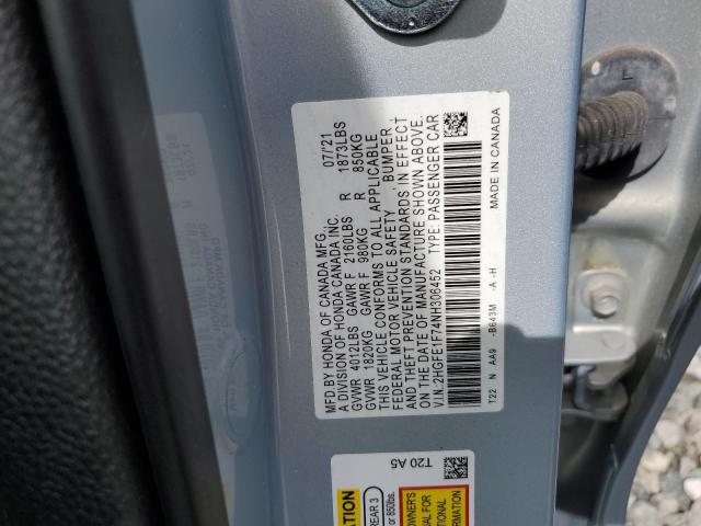 2HGFE1F74NH306452 - 2022 HONDA CIVIC EX BLUE photo 12