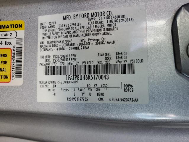 1FATP8UH6K5170043 - 2019 FORD MUSTANG Srebrny zdjęcie 12