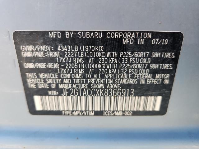 JF2GTACCXK8366913 - 2019 SUBARU CROSSTREK PREMIUM GRAY photo 12