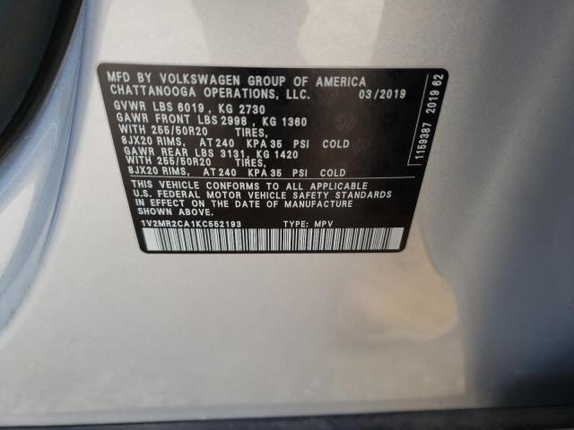 1V2MR2CA1KC552193 - 2019 VOLKSWAGEN ATLAS SEL SILVER photo 13