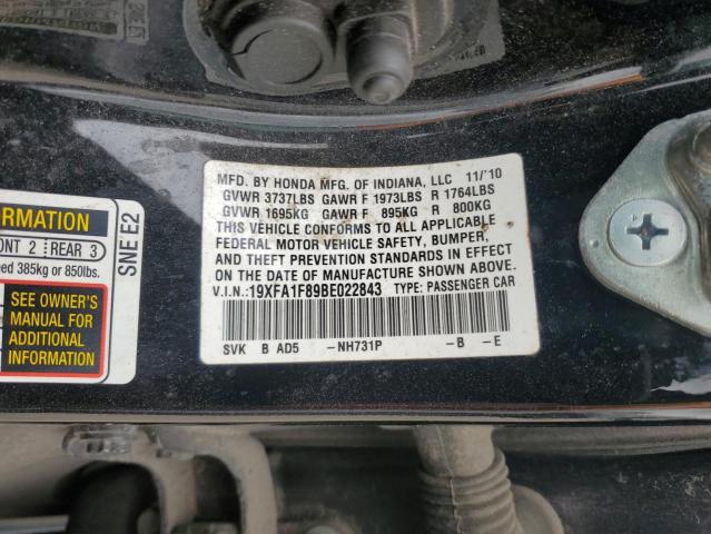 19XFA1F89BE022843 - 2011 HONDA CIVIC EX BLACK photo 13