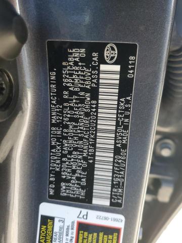 4T1BF1FK2CU202448 - 2012 TOYOTA CAMRY BASE GRAY photo 12