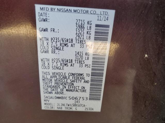 5N1AL0MM8FC506753 - 2015 INFINITI QX60 BURGUNDY photo 14