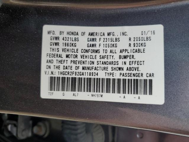 1HGCR2F92GA118934 - 2016 HONDA ACCORD EXL GRAY photo 13