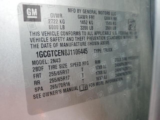 1GCGTCEN8J1106445 - 2018 CHEVROLET COLORADO LT SILVER photo 12