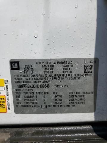 1GNKRGKD3HJ130648 - 2017 CHEVROLET TRAVERSE LT WHITE photo 12