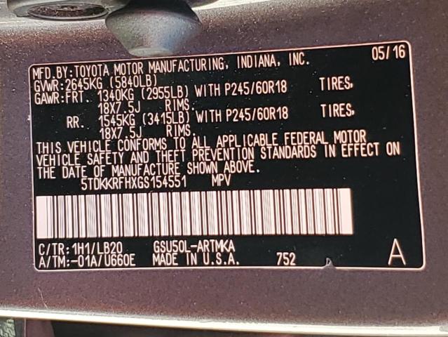 5TDKKRFHXGS154551 - 2016 TOYOTA HIGHLANDER XLE გრაფიტი ფოტო 13