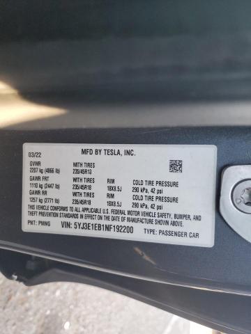 5YJ3E1EB1NF192200 - 2022 TESLA MODEL 3 გრაფიტი ფოტო 12
