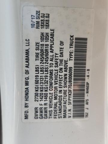 5FPYK3F70JB006099 - 2018 HONDA RIDGELINE RTL Blanco foto 12