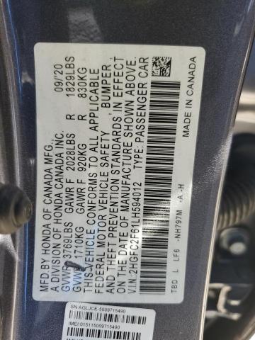 2HGFC2F61LH594012 - 2020 HONDA CIVIC LX ნაცრისფერი ფოტო 12