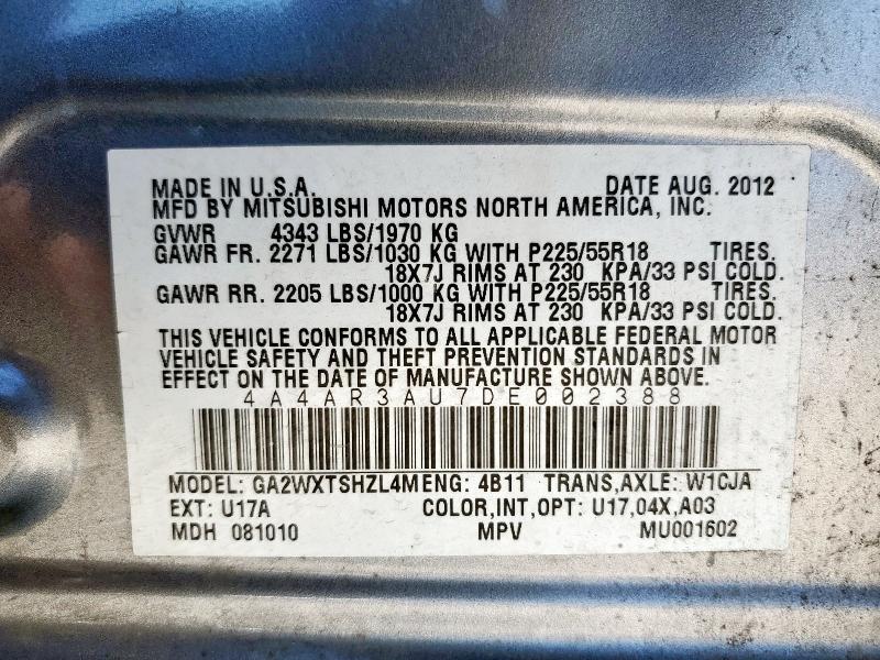 4A4AR3AU7DE002388 - 2013 MITSUBISHI OUTLANDER ES GRAY photo 13