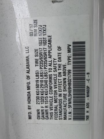 5FNRL5H69HB021799 - 2017 HONDA ODYSSEY EXL WHITE photo 13