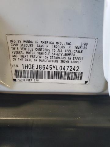 1HGEJ8645YL047242 - 2000 HONDA CIVIC EX WHITE photo 12