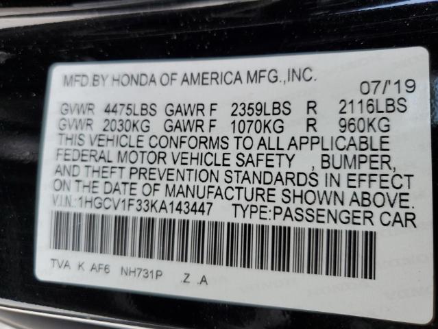 1HGCV1F33KA143447 - 2019 HONDA ACCORD SPORT Siyah fotoğraf 12