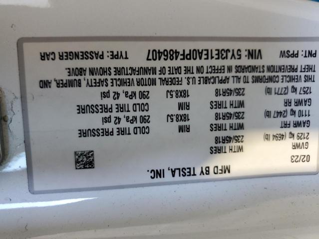 5YJ3E1EA0PF486407 - 2023 TESLA MODEL 3 WHITE photo 12