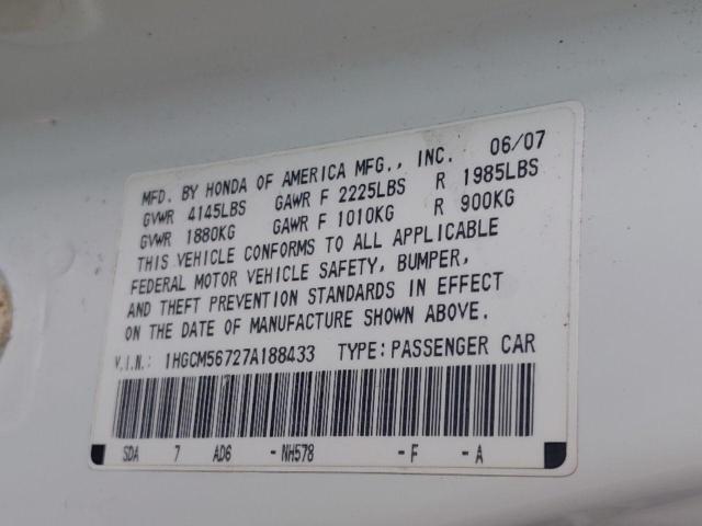 1HGCM56727A188433 - 2007 HONDA ACCORD EX WHITE photo 10