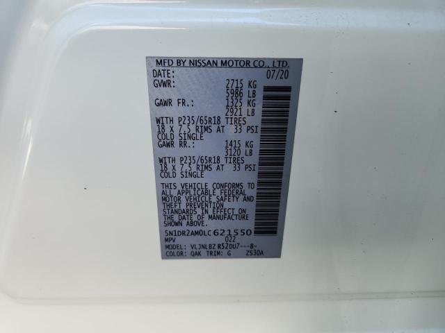 5N1DR2AM0LC621550 - 2020 NISSAN PATHFINDER S WHITE photo 13