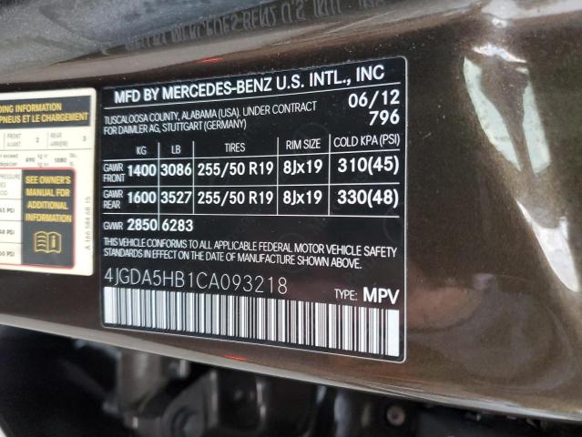4JGDA5HB1CA093218 - 2012 MERCEDES-BENZ ML 350 4MATIC BROWN photo 12