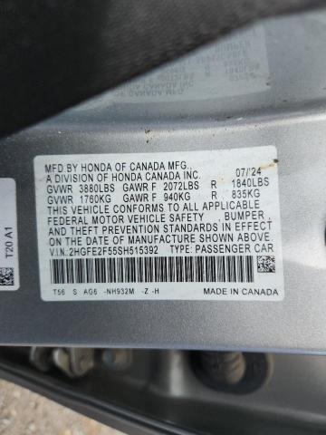 2HGFE2F55SH515392 - 2025 HONDA CIVIC SPORT GRAY photo 12
