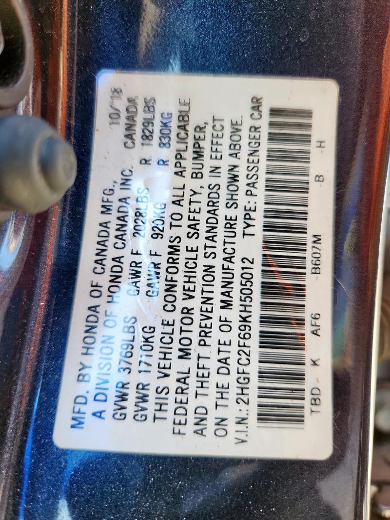 2HGFC2F69KH505012 - 2019 HONDA CIVIC LX ლურჯი ფოტო 12