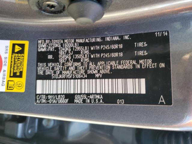 5TDJKRFH5FS106434 - 2015 TOYOTA HIGHLANDER XLE GRAY photo 14