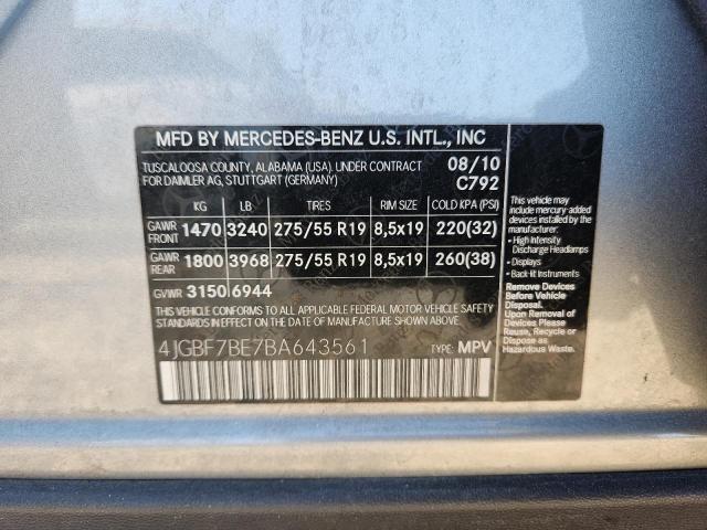 4JGBF7BE7BA643561 - 2011 MERCEDES-BENZ GL 450 4MATIC GRAY photo 12