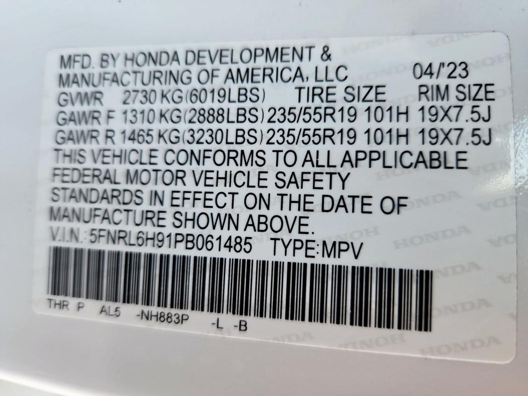 5FNRL6H91PB061485 - 2023 HONDA ODYSSEY ELITE Beyaz fotoğraf 14