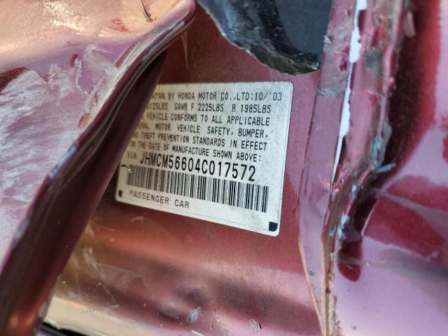 JHMCM56604C017572 - 2004 HONDA ACCORD EX BURGUNDY photo 12