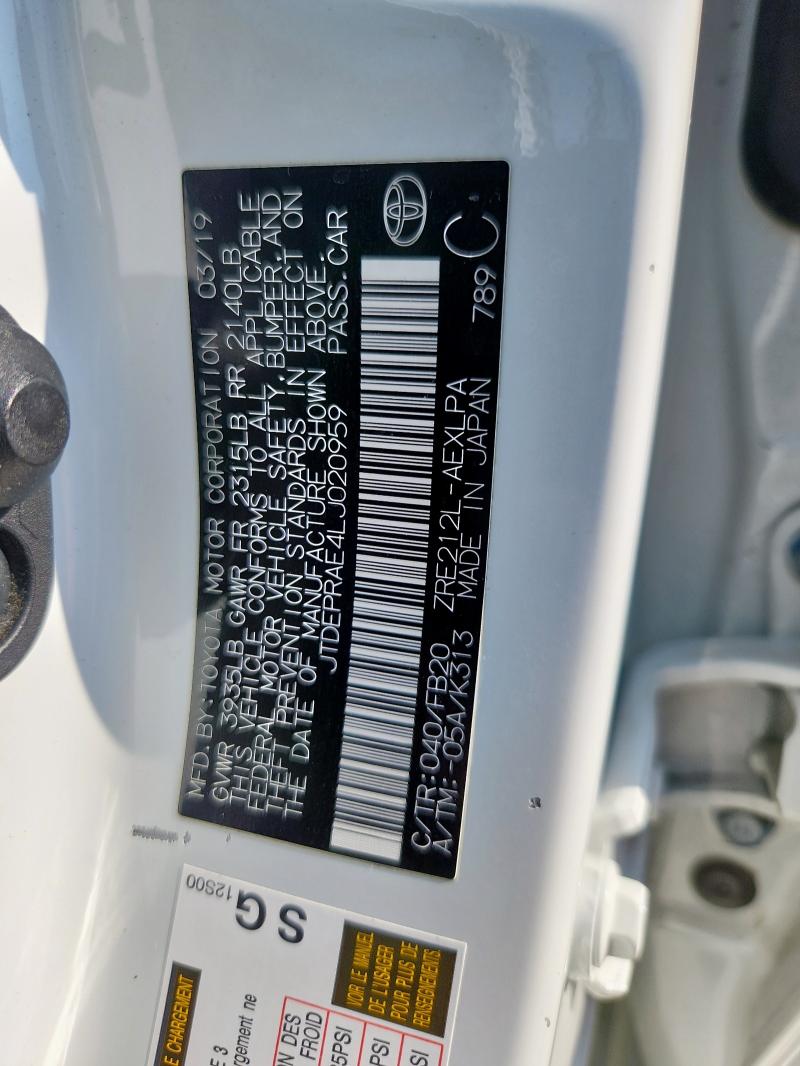 JTDEPRAE4LJ020959 - 2020 TOYOTA COROLLA LE WHITE photo 12