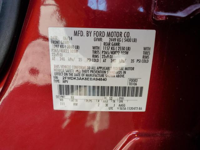 2FMDK3AK8EBA94840 - 2014 FORD EDGE SPORT RED photo 13