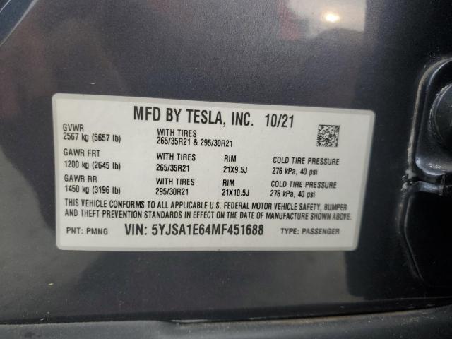 5YJSA1E64MF451688 - 2021 TESLA MODEL S Մոխրագույն լուսանկար 12
