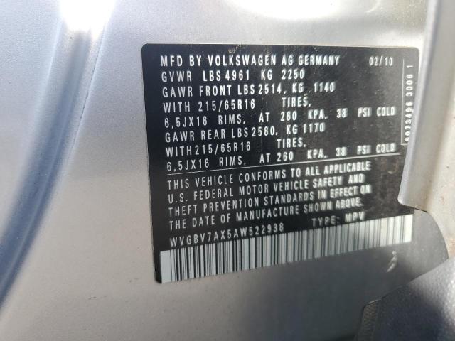 WVGBV7AX5AW522938 - 2010 VOLKSWAGEN TIGUAN SE 银色 照片 12