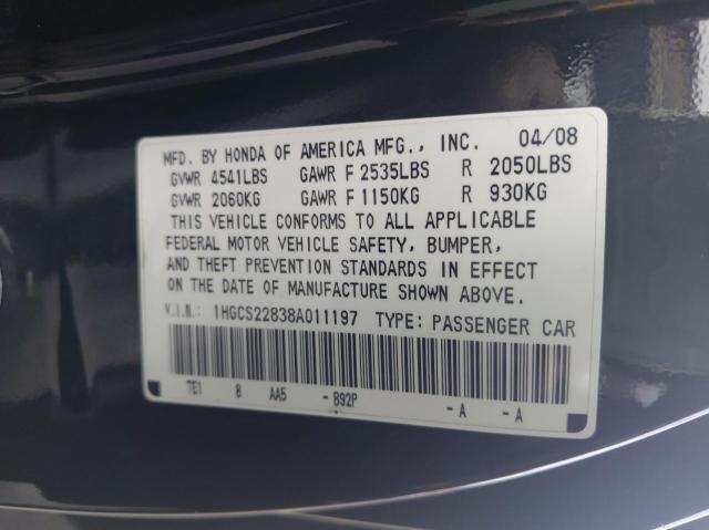 1HGCS22838A011197 - 2008 HONDA ACCORD EXL BLACK photo 10